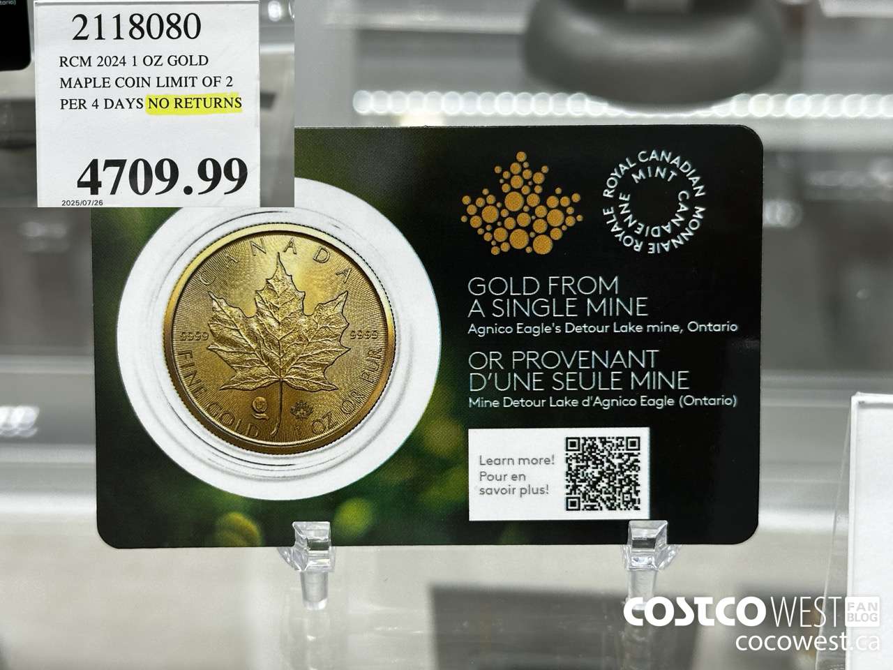 2118080 RCM 2024 1 OZ GOLD. MAPLE COIN LIMIT OF 2 PER 4 DAYS NO RETURNS $4709.99