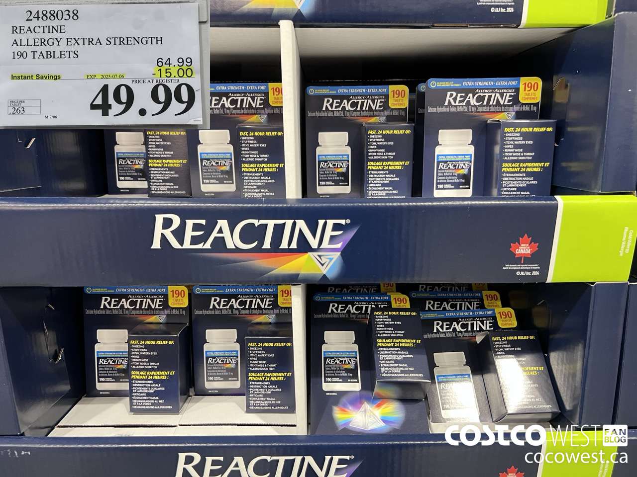 2488038 REACTINE ALLERGY EXTRA STRENGTH 190 TABLETS ($15.00 INSTANT SAVINGS EXPIRES ON 2025-07-06) $49.99
