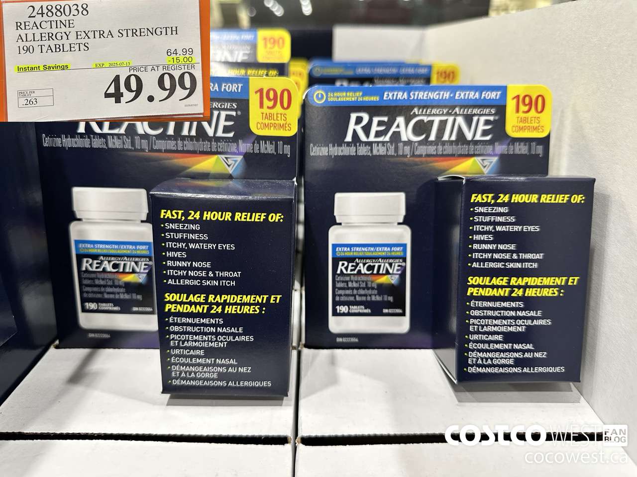 2488038 REACTINE ALLERGY EXTRA STRENGTH 190 TABLETS ($15.00 INSTANT SAVINGS EXPIRES ON 2025-07-13) $49.99