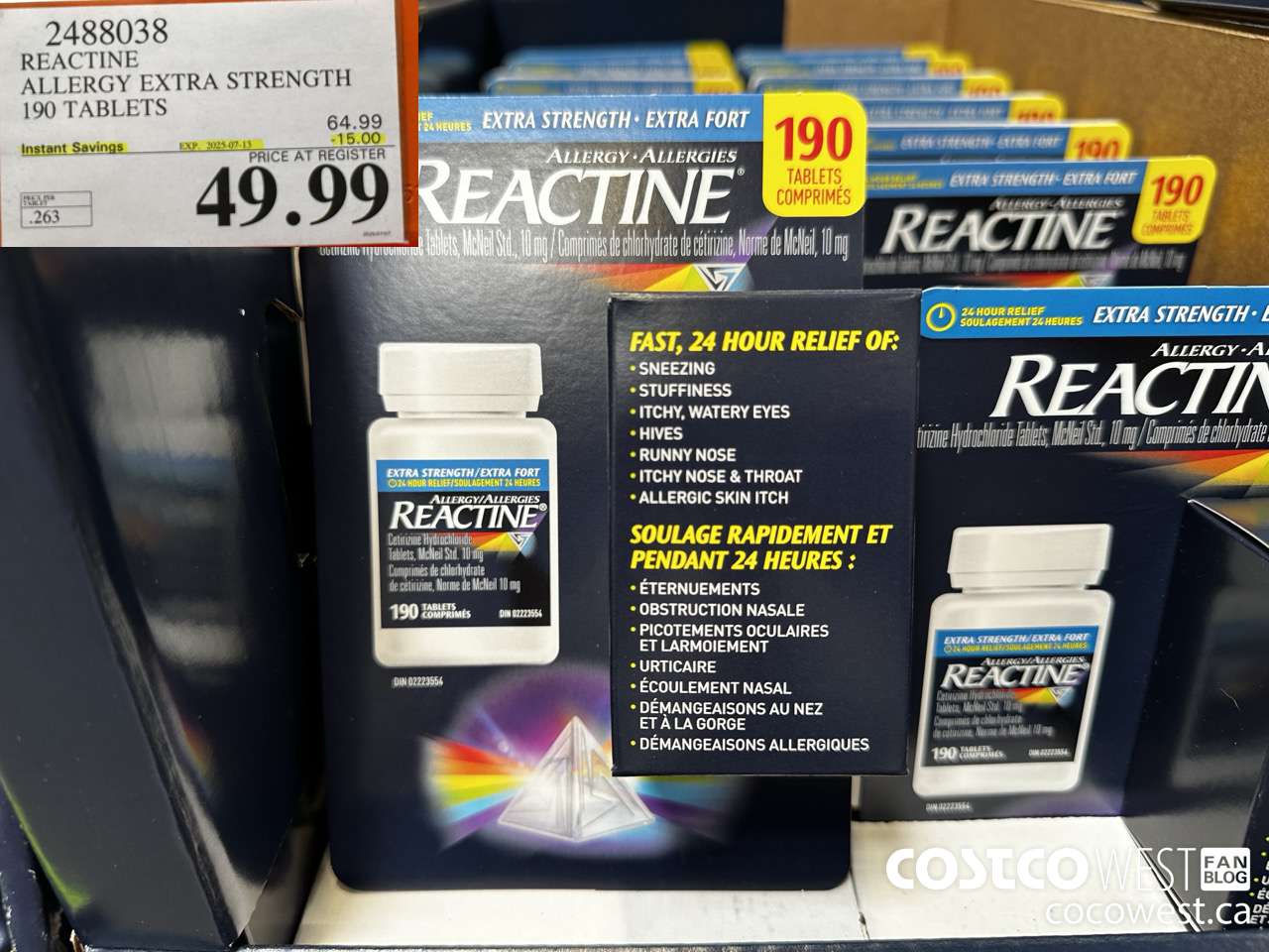 2488038 REACTINE ALLERGY EXTRA STRENGTH 190 TABLETS ($15.00 INSTANT SAVINGS EXPIRES ON 2025-07-13) $49.99