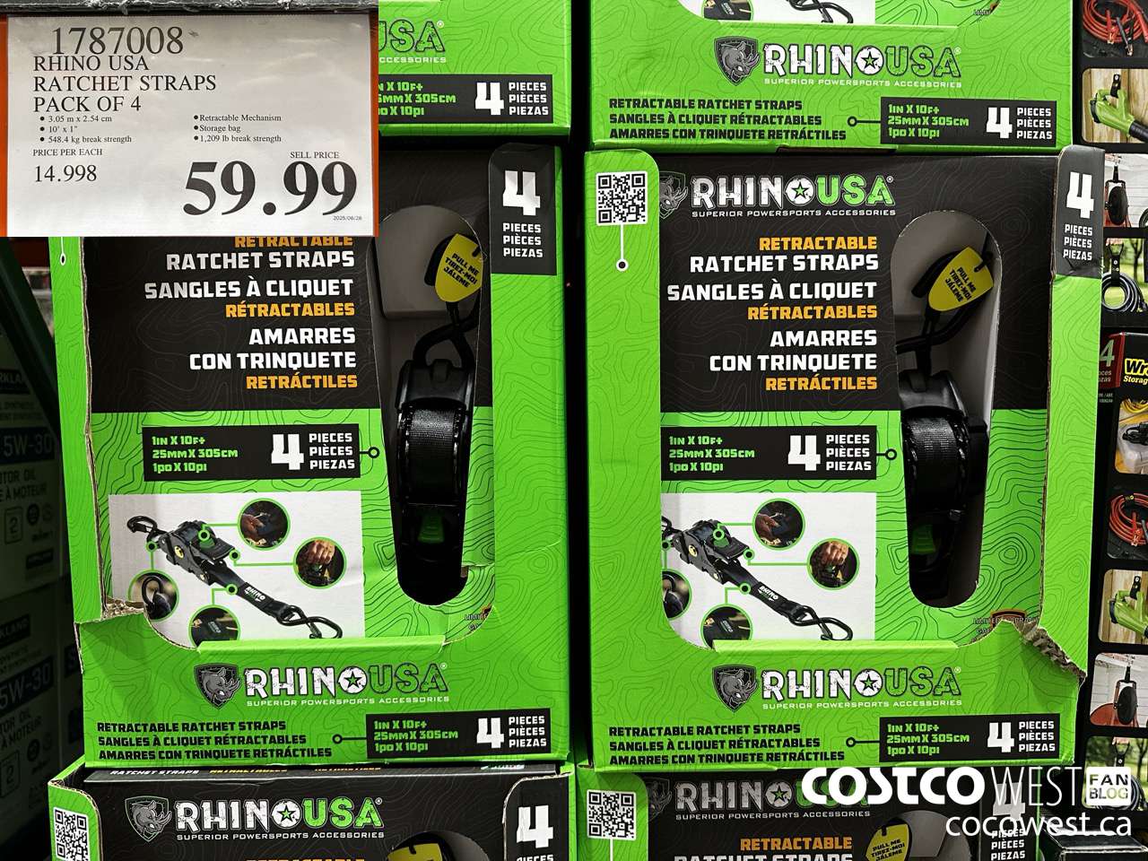 1787008 RHINO USA RETRACTABLE RATCHET STRAPS 4PK $59.99