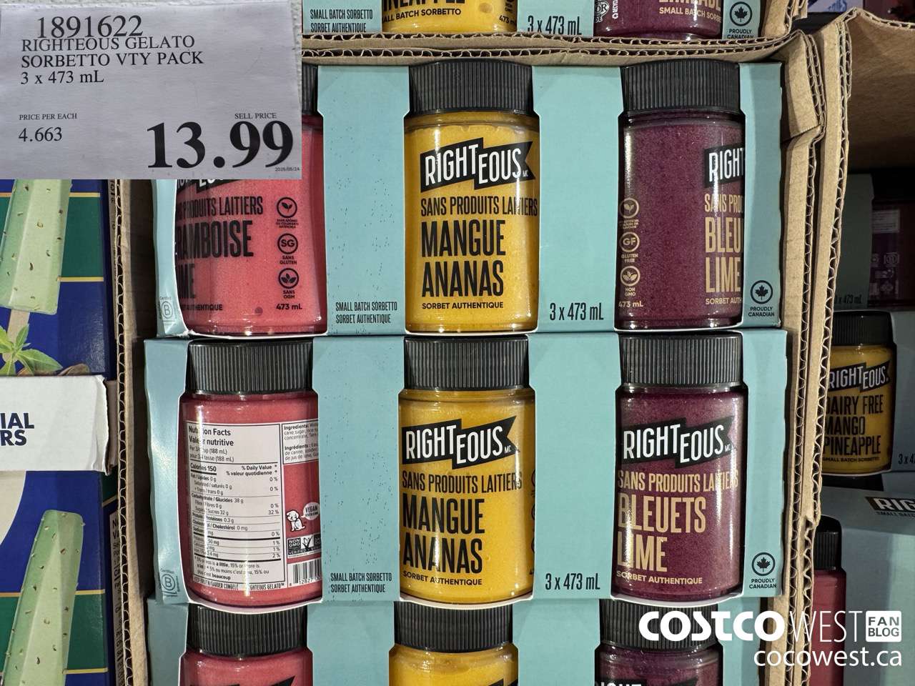 1891622 RIGHTEOUS GELATO SORBETTO VTY PACK 3 X 473ML $13.99