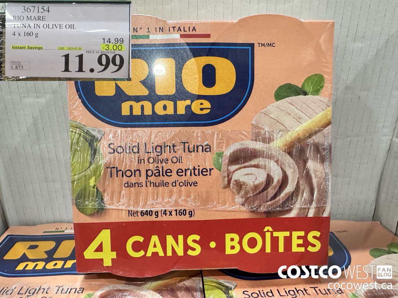 367154 RIO MARE TUNA IN OLIVE OIL 4 x 160 g ($3.00 INSTANT SAVINGS EXPIRES ON 2025-07-20) $11.99