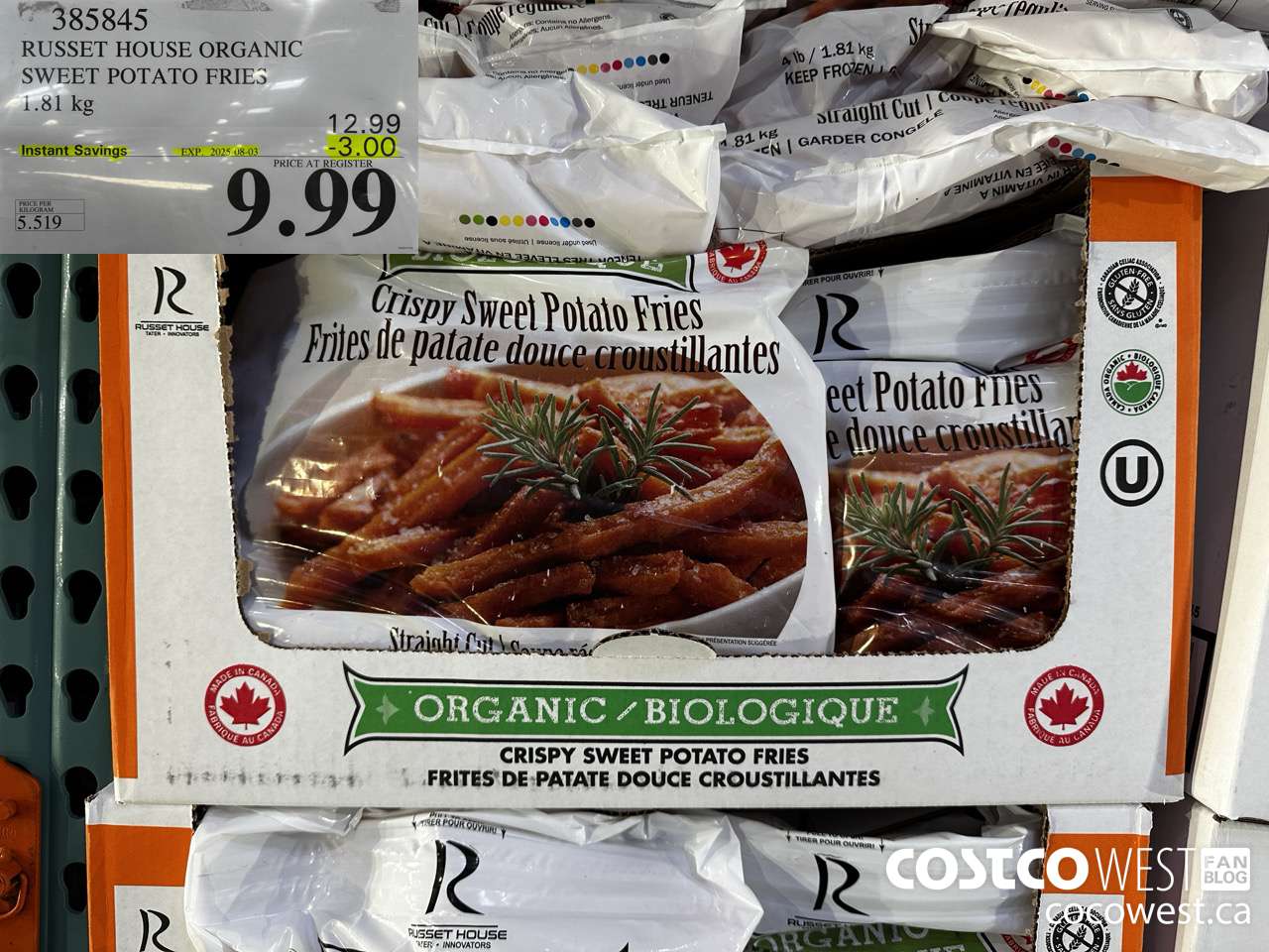 385845 RUSSET HOUSE ORGANIC SWEET POTATO FRIES 1.81 kg ($3.00 INSTANT SAVINGS EXPIRES ON 2025-08-03) $9.99