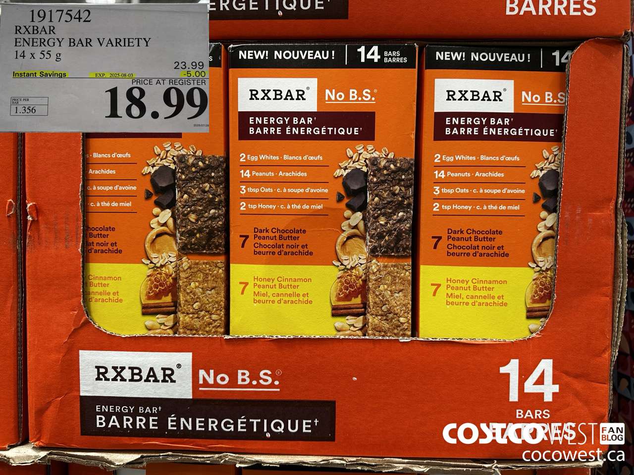 1917542 RXBAR ENERGY BAR VARIETY 14 X 55G ($5.00 INSTANT SAVINGS EXPIRES ON 2025-08-03) $18.99
