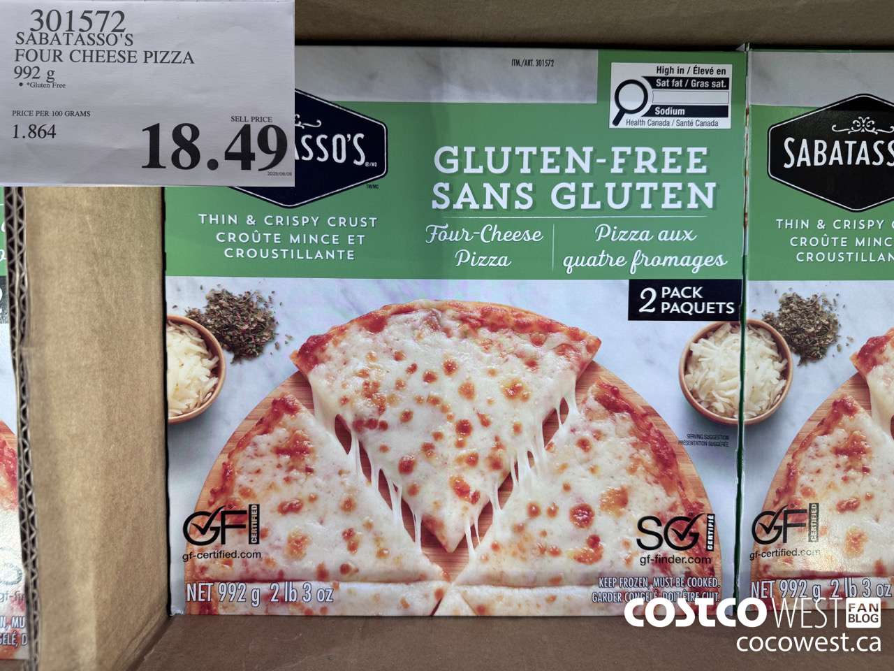 301572 SABATASSO'S GLUTEN-FREE CHEESE PIZZA 2 X 496 G $18.49