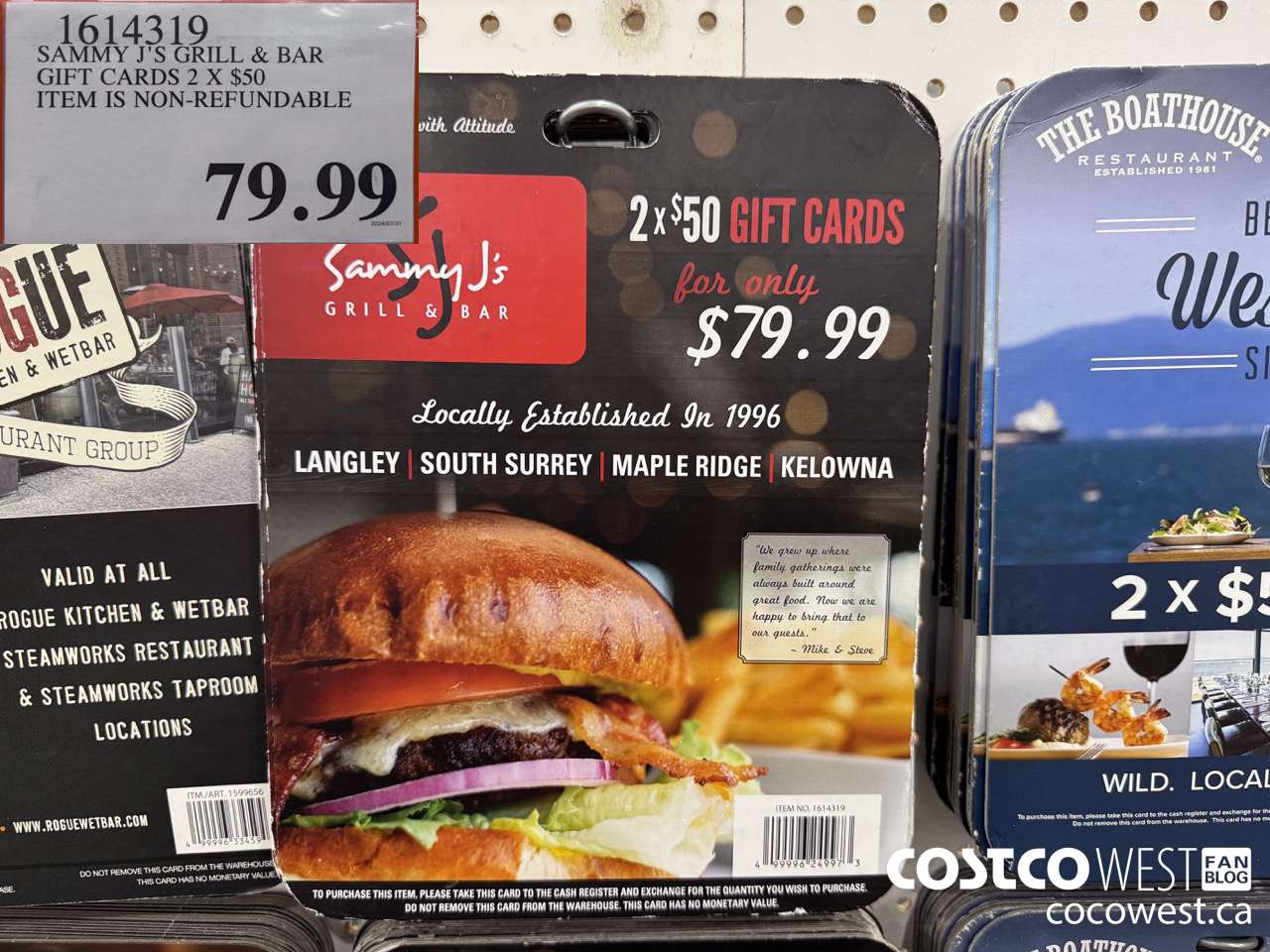 1614319 SAMMY J'S GRILL & BAR GIFT CARDS 2 x $50  $79.99