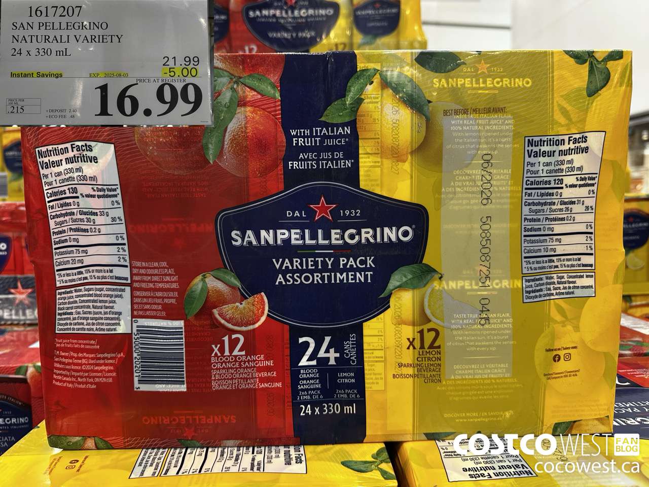 1617207 SAN PELLEGRINO NATURALI VARIETY 24 x 330 mL ($5.00 INSTANT SAVINGS EXPIRES ON 2025-08-03) $16.99