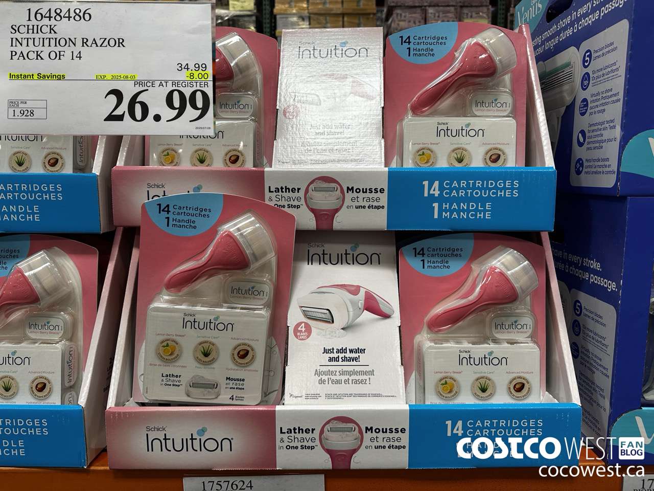 1648486 SCHICK INTUITION 14 CARTRIDGES + RAZOR ($8.00 INSTANT SAVINGS EXPIRES ON 2025-08-03) $26.99