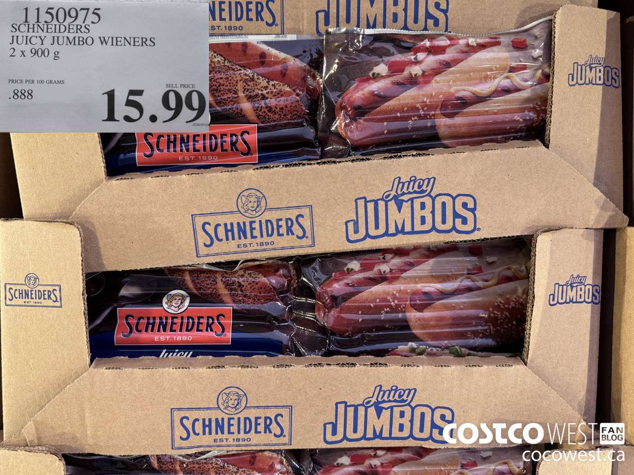1150975 SCHNEIDERS JUICY JUMBO WIENERS 2 x 900 g $15.99