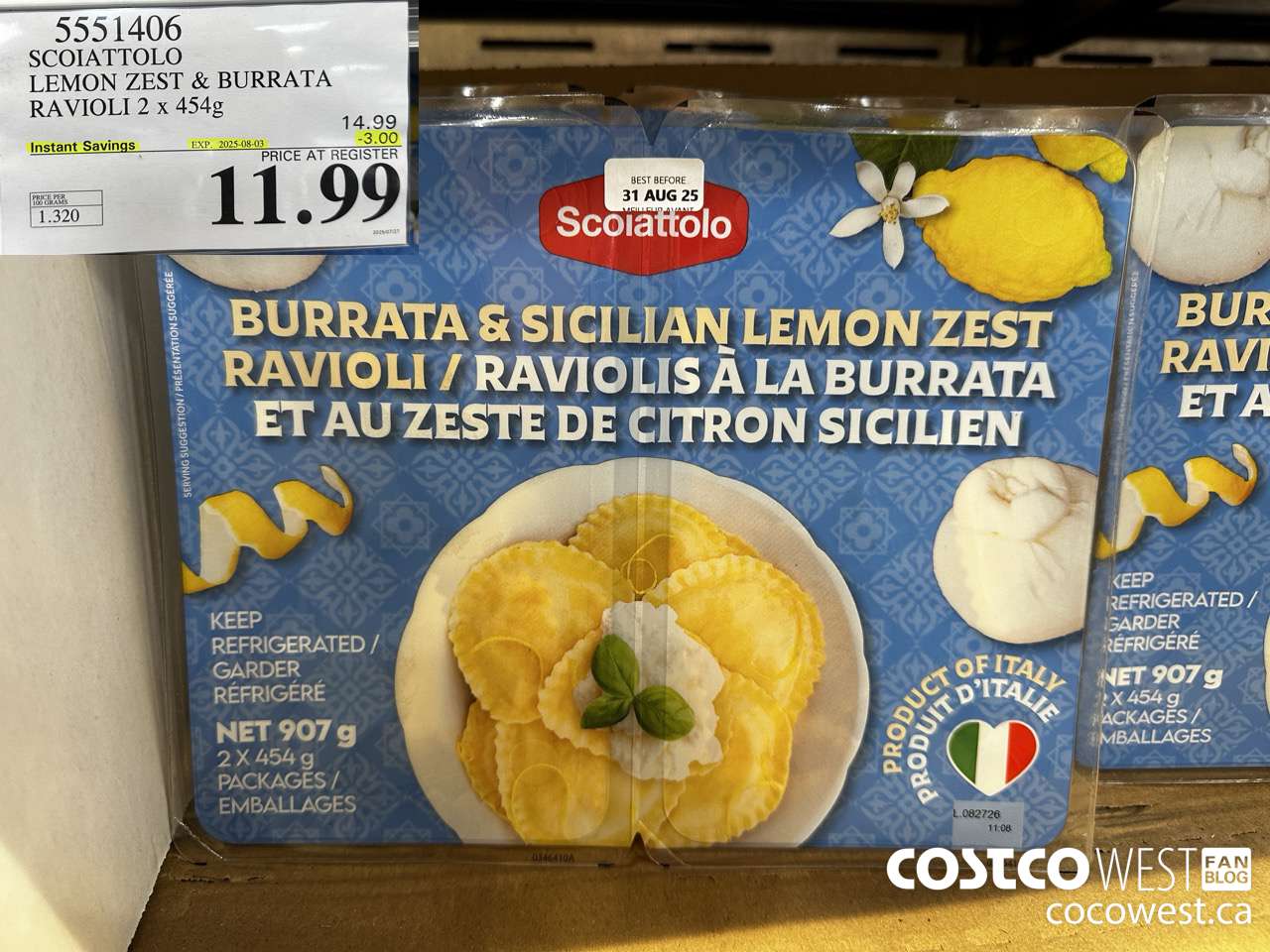 5551406 SCOIATTOLO LEMON ZEST & BURRATA RAVIOLI 2 X 454G ($3.00 INSTANT SAVINGS EXPIRES ON 2025-08-03) $11.99
