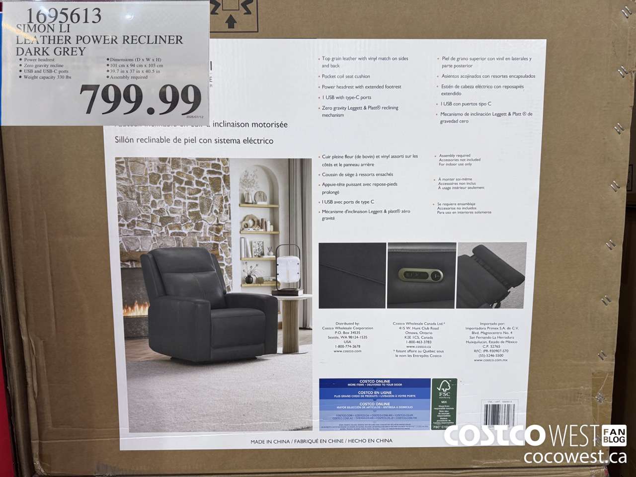 1695613 SIMON LI LEATHER POWER RECLINER DARK GREY $799.99