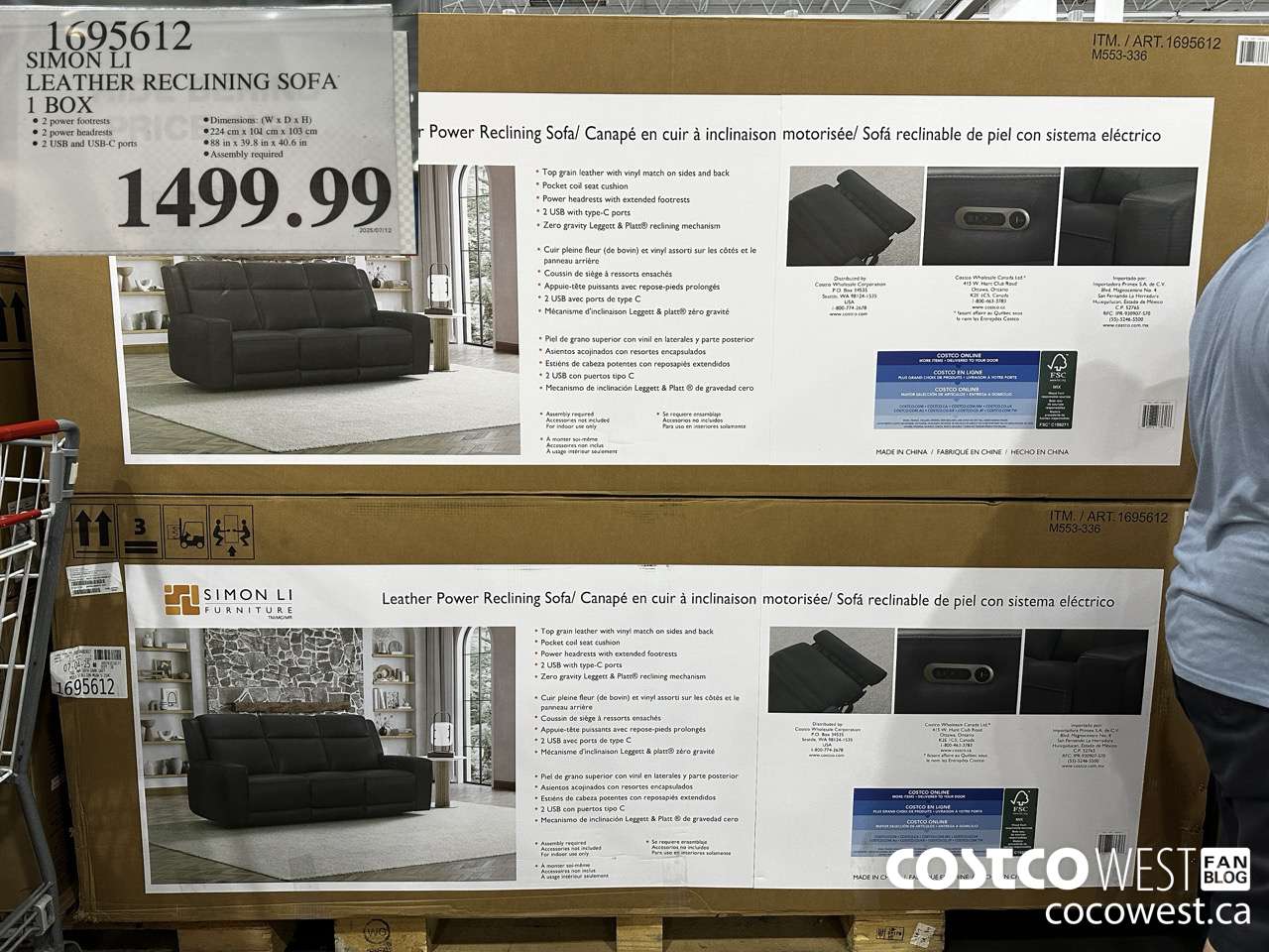 1695612 SIMON LI LEATHER RECLINING SOFA 1 BOX $1499.99