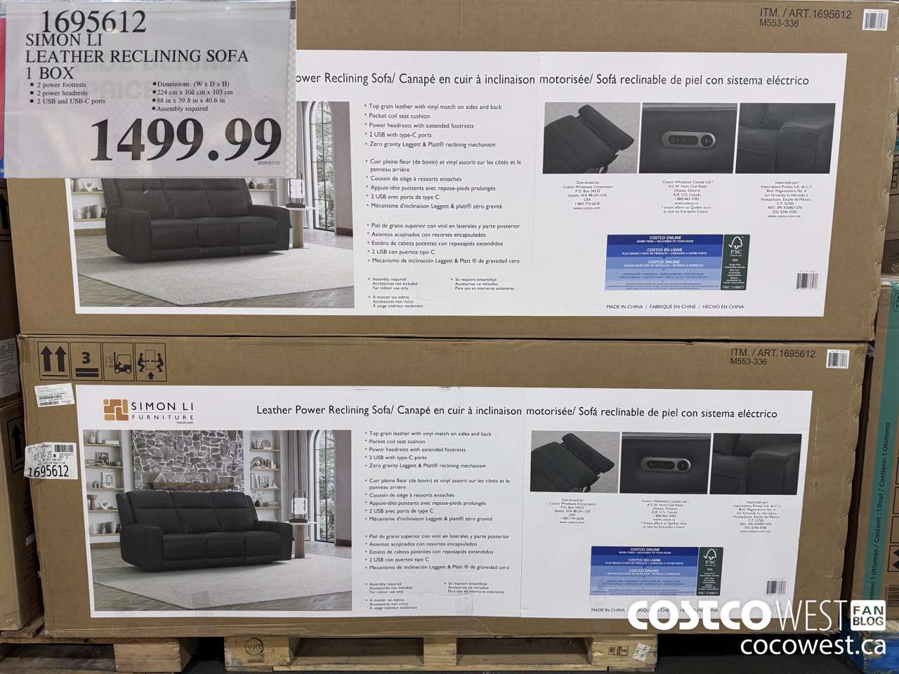 1695612 SIMON LI LEATHER RECLINING SOFA 1 BOX $1499.99