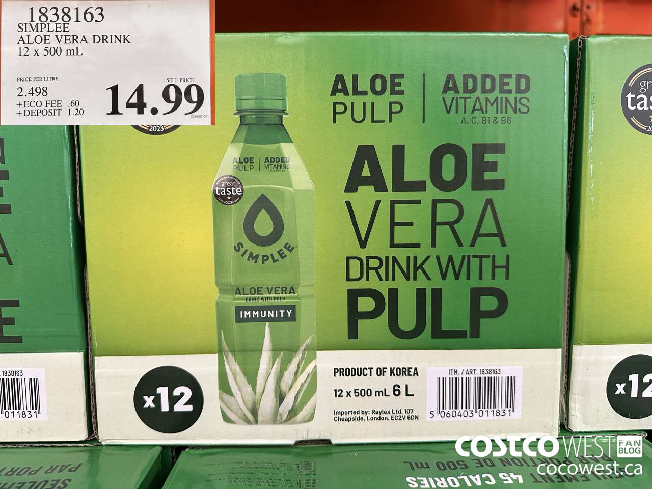 1838163 SIMPLEE ALOE VERA DRINK 12 X 500ML $14.99