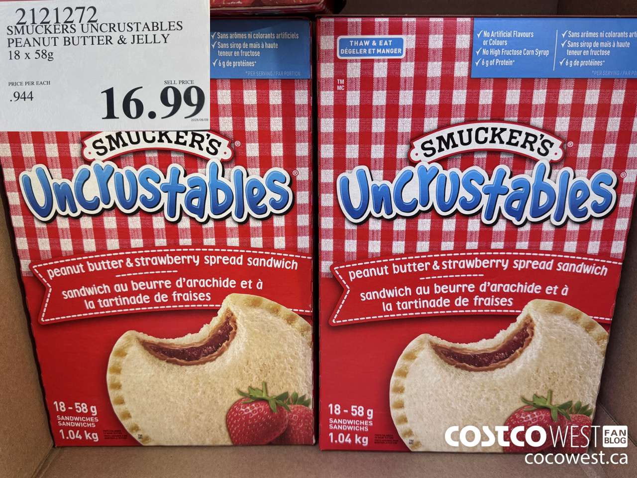 2121272 SMUCKERS UNCRUSTABLES PEANUT BUTTER & JELLY 18 X 58G $16.99