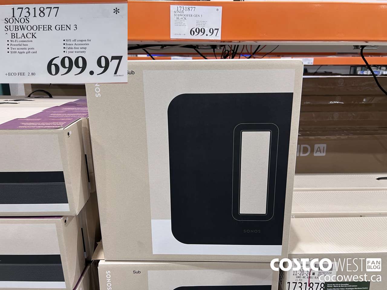 1731877 SONOS SUB (GEN 3) WIRELESS SUBWOOFER $699.97