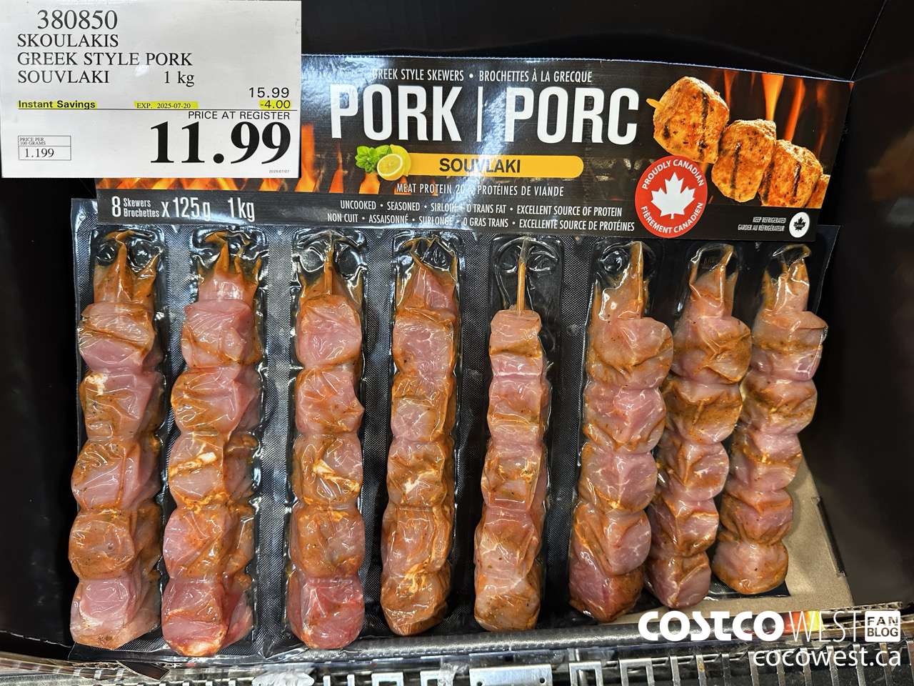 380850 SOUKLAKIS GREEK STYLE PORK SOUVLAKI 1KG ($4.00 INSTANT SAVINGS EXPIRES ON 2025-07-20) $11.99