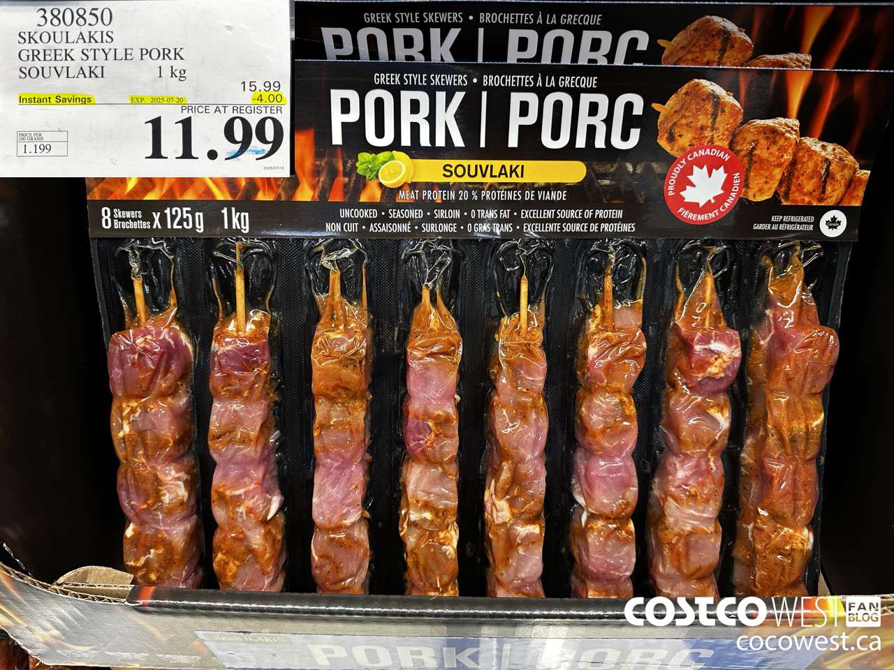 380850 SOUKLAKIS GREEK STYLE PORK SOUVLAKI 1KG ($4.00 INSTANT SAVINGS EXPIRES ON 2025-07-20) $11.99