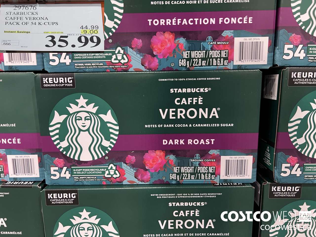 297676 STARBUCKS CAFFE VERONA K-CUPS 54 COUNT ($9.00 INSTANT SAVINGS EXPIRES ON 2025-07-06) $35.99