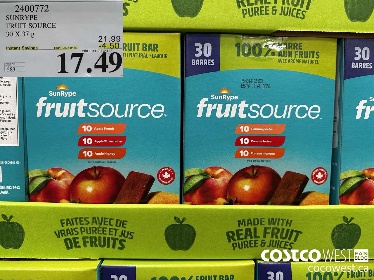 2400772 SUNRYPE FRUIT SOURCE 30 X 37G ($4.50 INSTANT SAVINGS EXPIRES ON 2025-08-03) $17.49