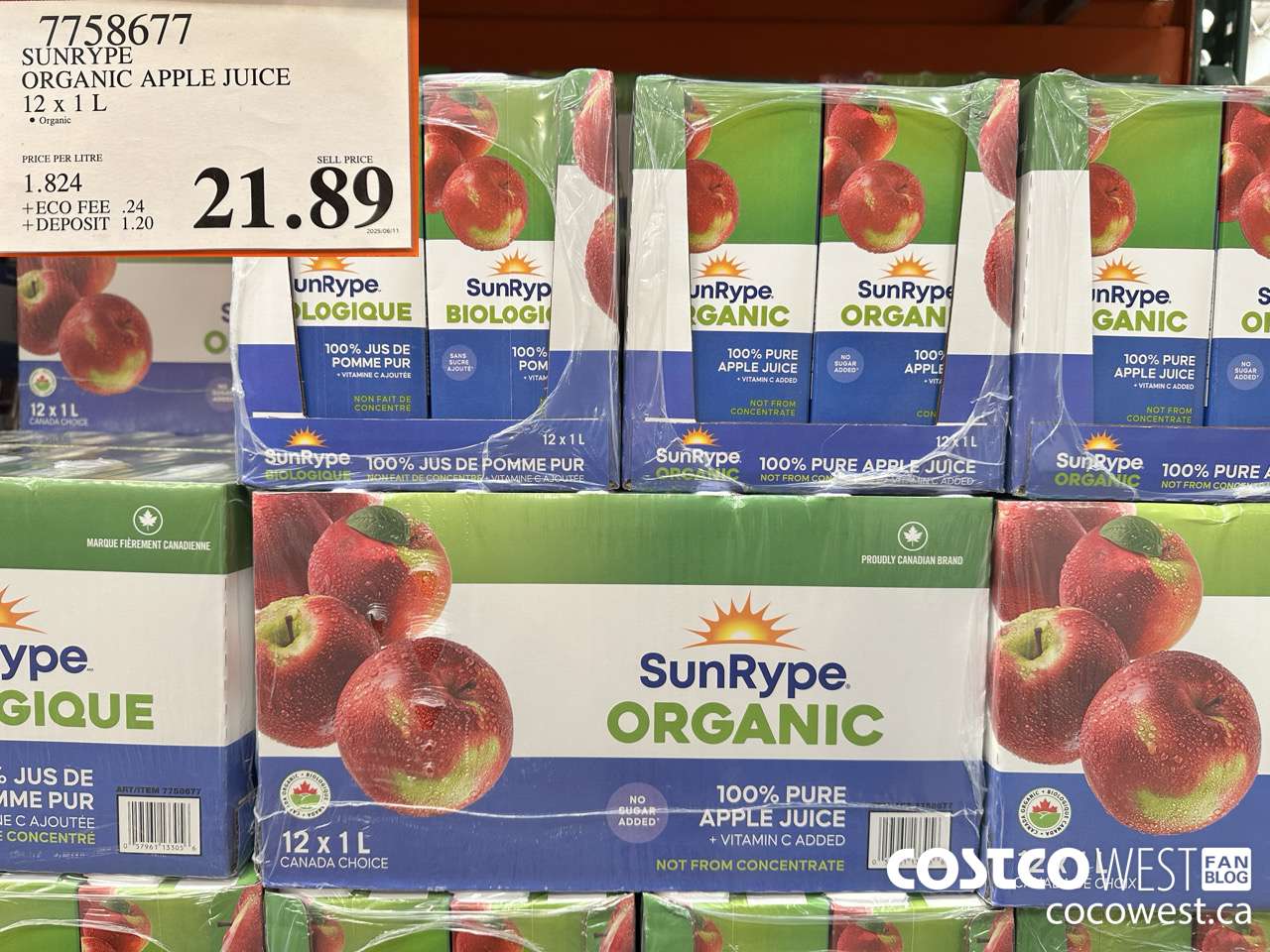 7758677 SUNRYPE ORGANIC APPLE JUICE 12 x 1 L $21.89