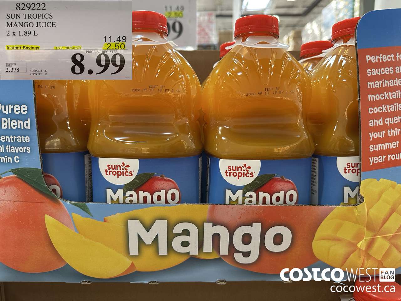 829222 SUN TROPICS MANGO JUICE 2 X 1.89L ($2.50 INSTANT SAVINGS EXPIRES ON 2025-07-27) $8.99
