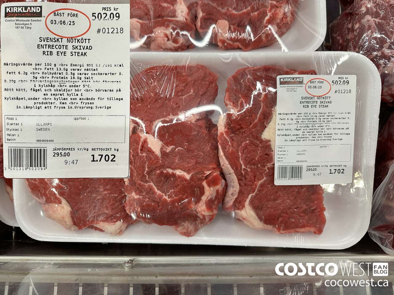 01218 SVENSKT NOTKOTT ENTRECOTE SKIVAD RIB EYE STEAK $295.00