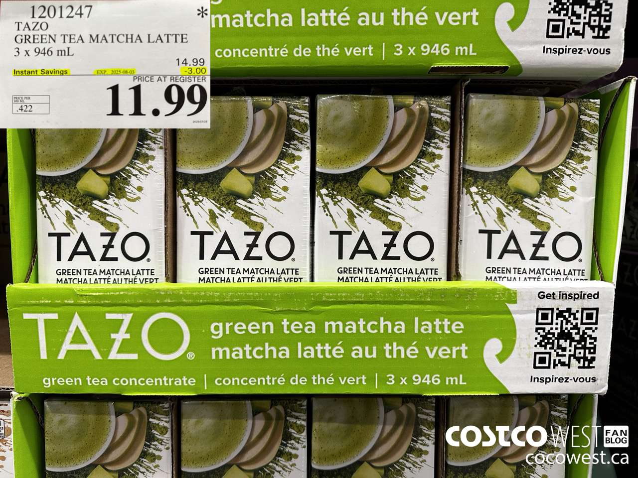 1201247 TAZO GREEN TEA MATCHA LATTE 3 X 946 ML ($3.00 INSTANT SAVINGS EXPIRES ON 2025-08-03) $11.99