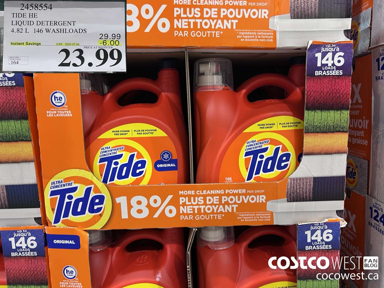 2458554 TIDE HE LIQUID DETERGENT 4.82 L 146 WASHLOADS ($6.00 INSTANT SAVINGS EXPIRES ON 2025-07-06) $23.99
