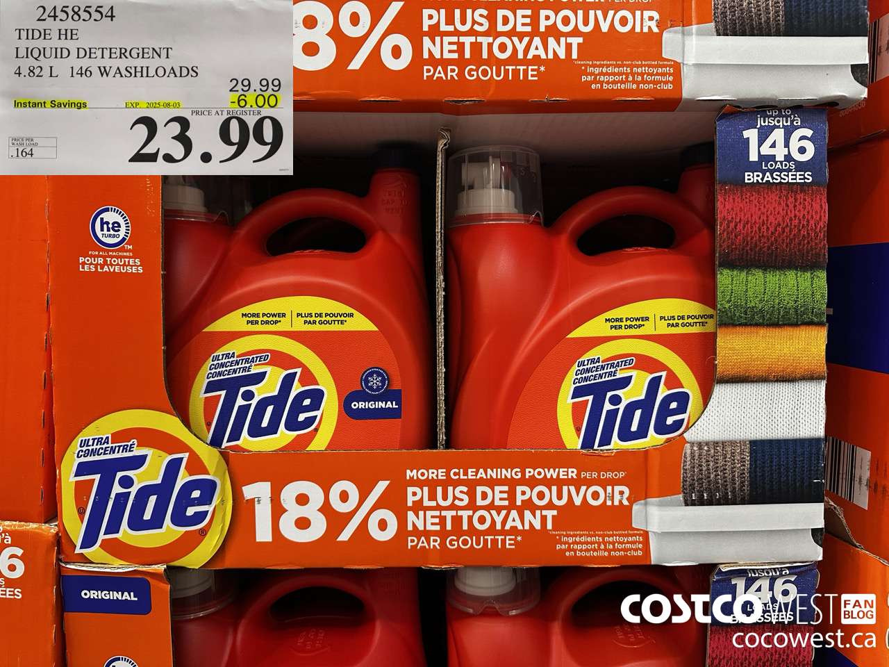 2458554 TIDE HE LIQUID DETERGENT 4.82 L 146 WASHLOADS ($6.00 INSTANT SAVINGS EXPIRES ON 2025-08-03) $23.99