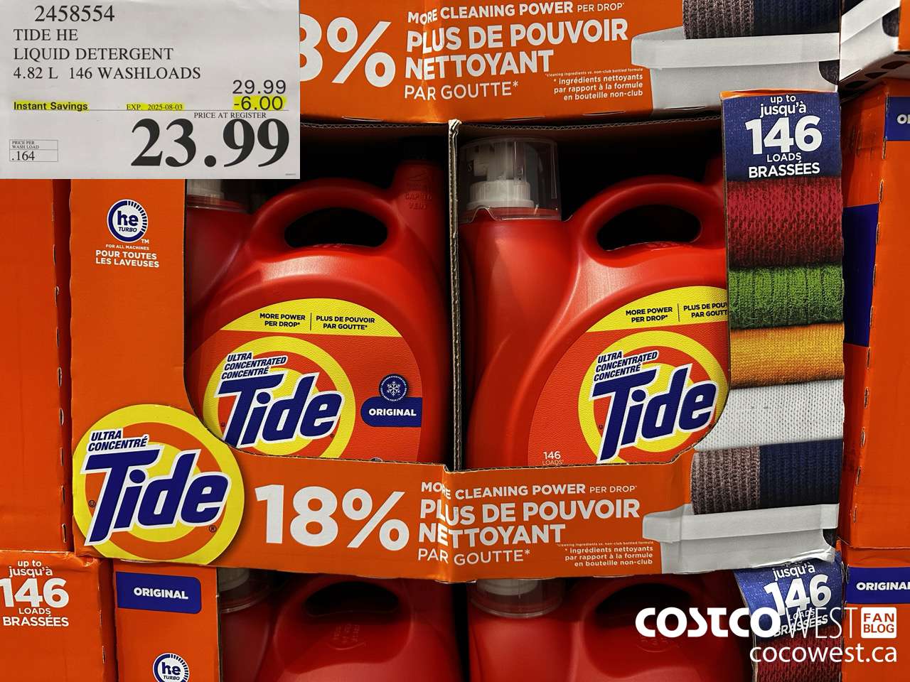 2458554 TIDE HE LIQUID DETERGENT 4.82 L 146 WASHLOADS ($6.00 INSTANT SAVINGS EXPIRES ON 2025-08-03) $23.99