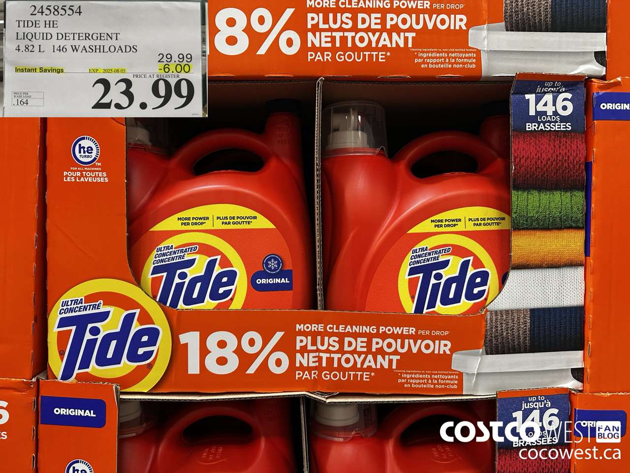 2458554 TIDE HE LIQUID DETERGENT 4.82 L 146 WASHLOADS ($6.00 INSTANT SAVINGS EXPIRES ON 2025-08-03) $23.99