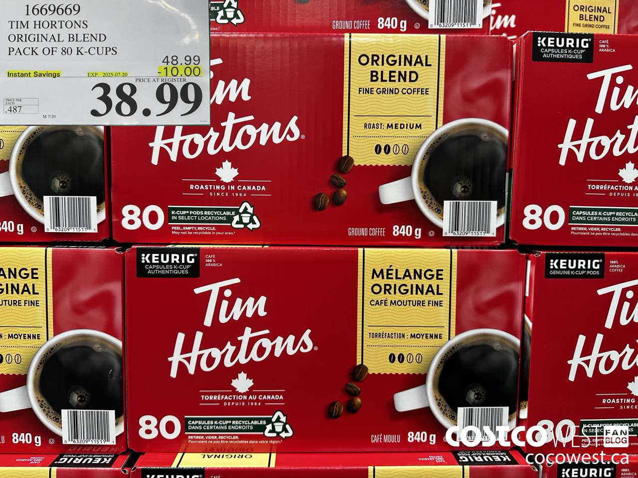 1669669 TIM HORTONS ORIGINAL BLEND K-CUPS 80 COUNT ($10.00 INSTANT SAVINGS EXPIRES ON 2025-07-20) $38.99