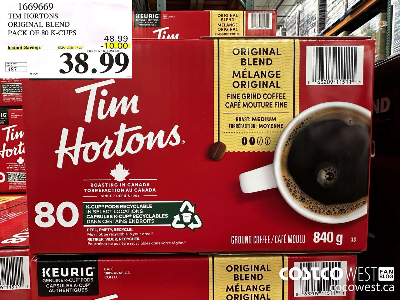 1669669 TIM HORTONS ORIGINAL BLEND K-CUPS 80 COUNT ($10.00 INSTANT SAVINGS EXPIRES ON 2025-07-20) $38.99