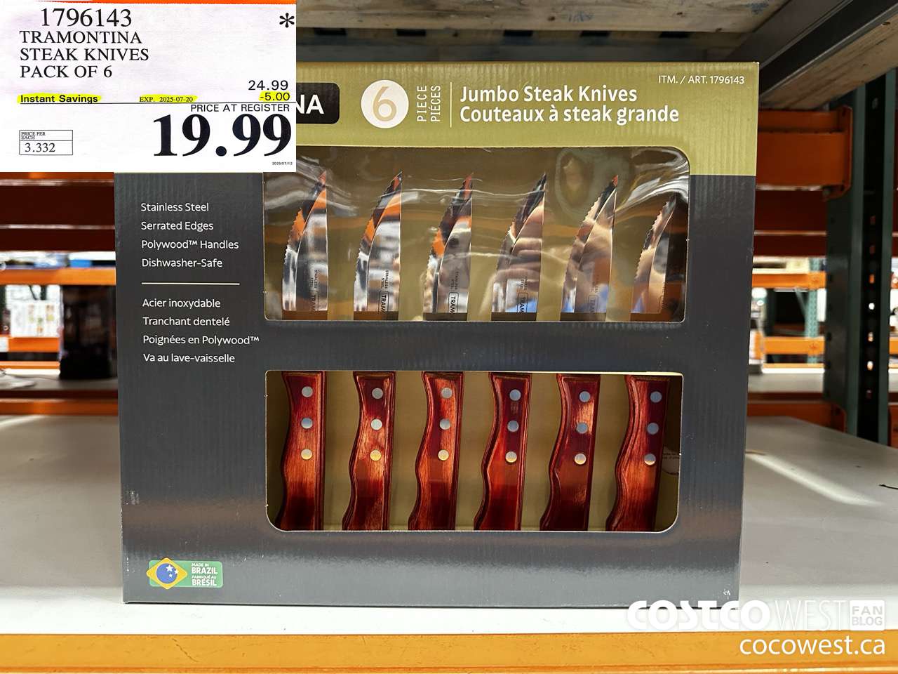 1796143 TRAMONTINA STEAK KNIVES PACK OF 6 ($5.00 INSTANT SAVINGS EXPIRES ON 2025-07-20) $19.99