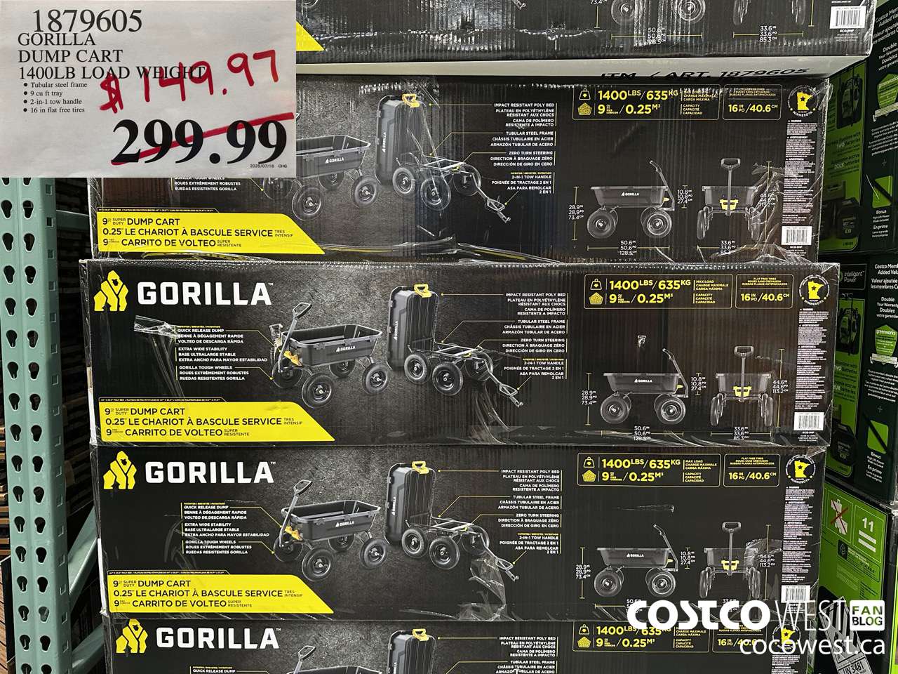 1879605 TRICAM INDUSTRIES GORILLA CART 1400LB LOAD WEIGHT $149.97