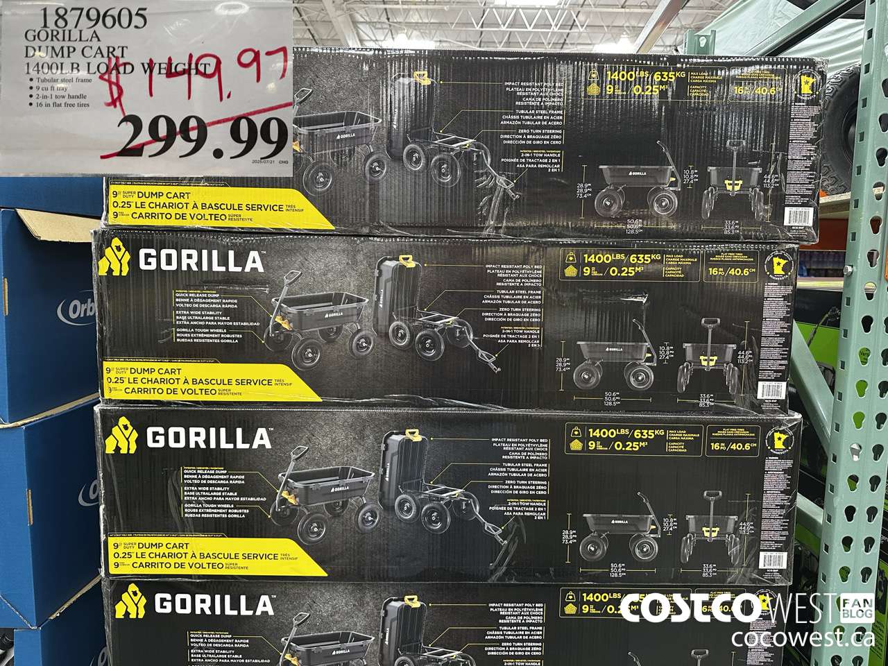 1879605 TRICAM INDUSTRIES GORILLA CART 1400LB LOAD WEIGHT $149.97