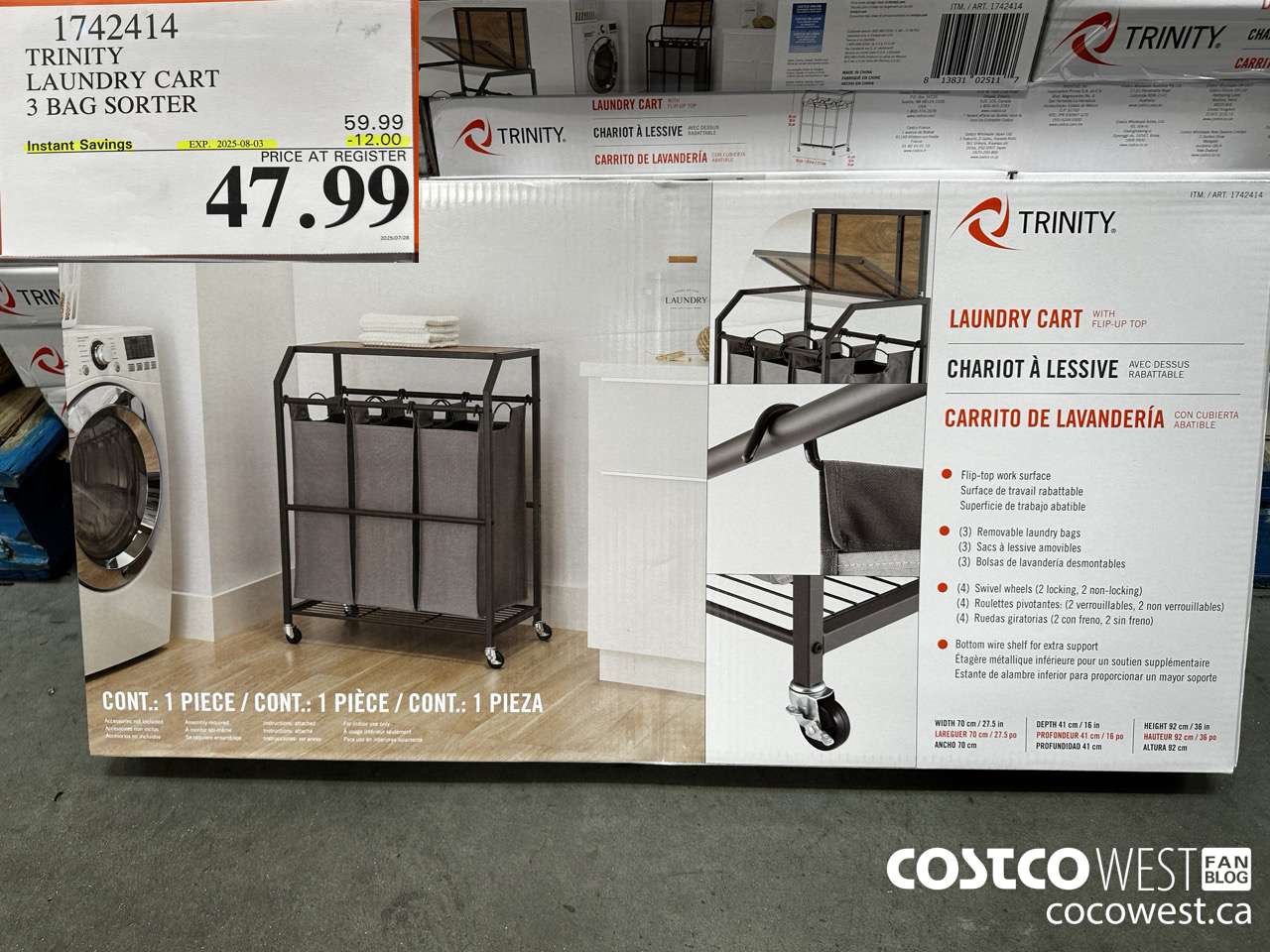 1742414 TRINITY LAUNDRY CART 3 BAG SORTER ($12.00 INSTANT SAVINGS EXPIRES ON 2025-08-03) $47.99