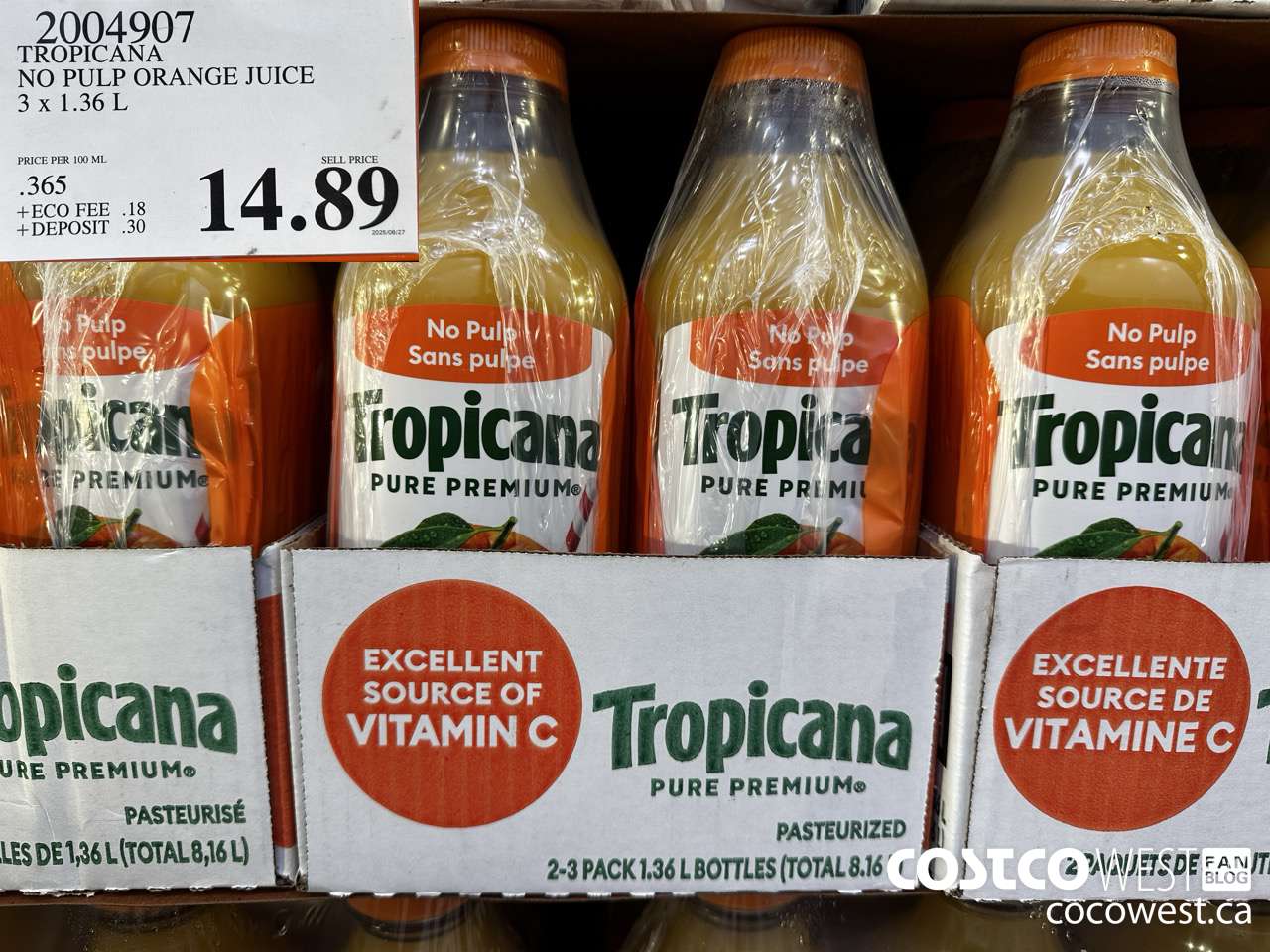 2004907 TROPICANA NO PULP ORANGE JUICE 3 X 1.36L $14.89