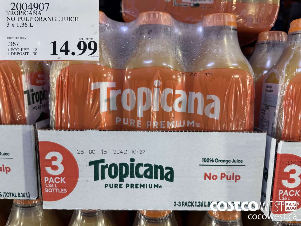2004907 TROPICANA NO PULP ORANGE JUICE 3 X 1.36L $14.99