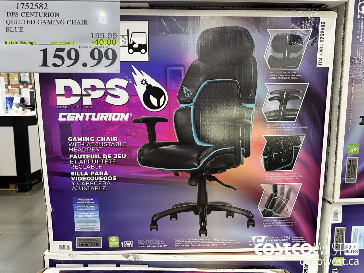 1752582 TRUE INNOVATIONS QUILTED GAMING CHAIR BLUE ($40.00 INSTANT SAVINGS EXPIRES ON 2025-07-13) $159.99