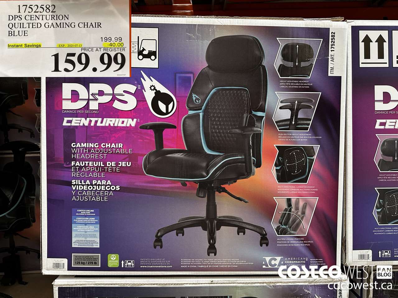 1752582 TRUE INNOVATIONS QUILTED GAMING CHAIR BLUE ($40.00 INSTANT SAVINGS EXPIRES ON 2025-07-13) $159.99