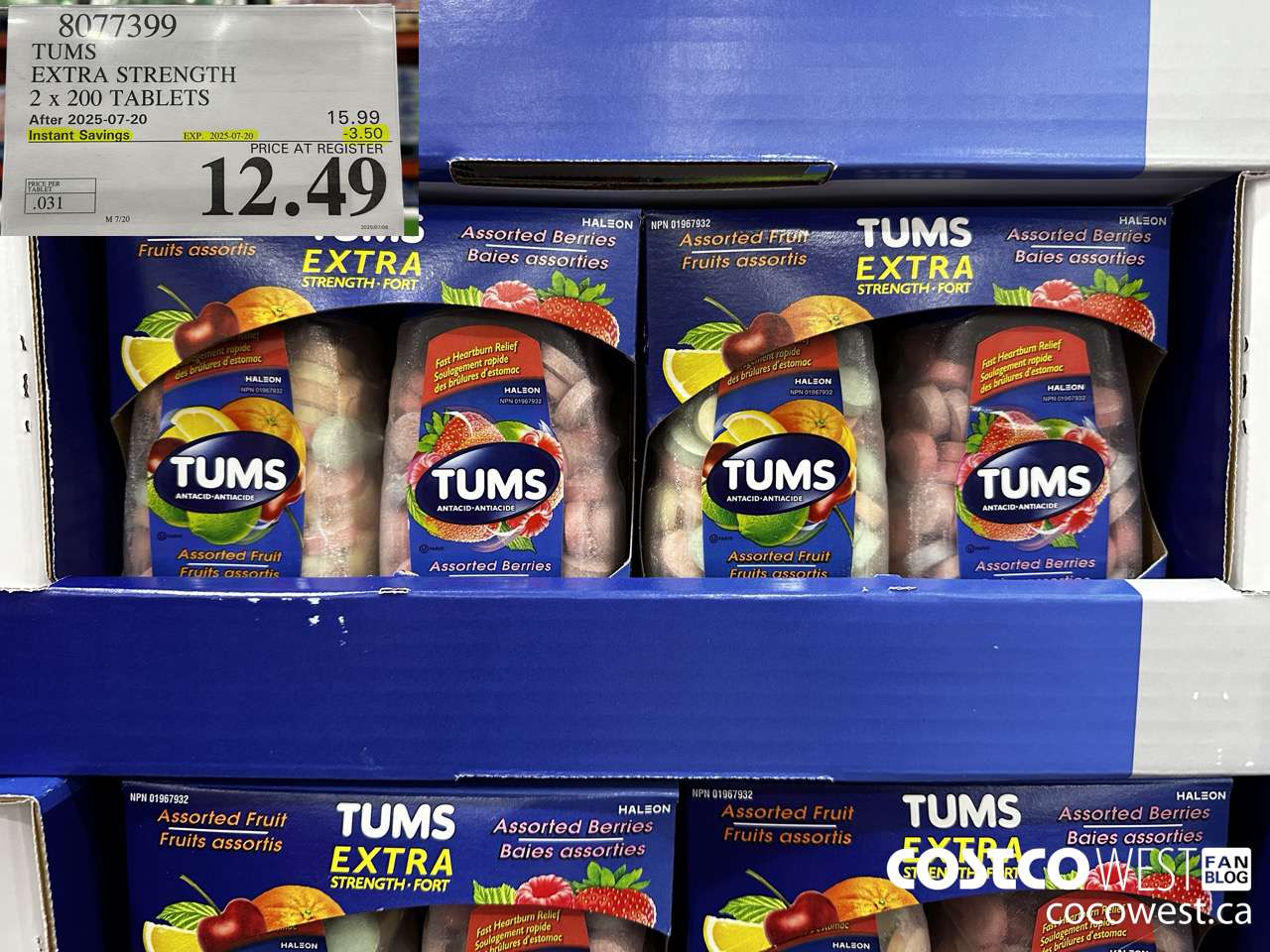 8077399 TUMS EXTRA STRENGTH 2 X 200 TABLETS ($3.50 INSTANT SAVINGS EXPIRES ON 2025-07-20) $12.49