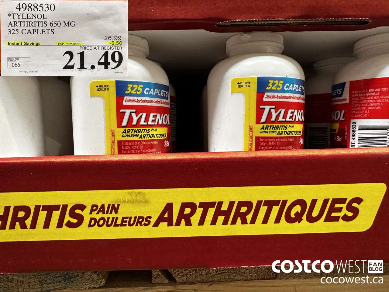 4988530 TYLENOL ARTHRITIS 650MG 325 CAPLETS ($5.50 INSTANT SAVINGS EXPIRES ON 2025-06-22) $21.49