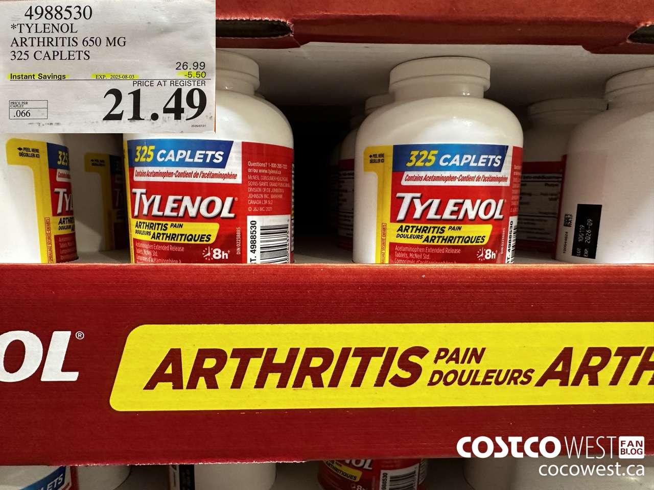 4988530 TYLENOL ARTHRITIS 650MG 325 CAPLETS ($5.50 INSTANT SAVINGS EXPIRES ON 2025-08-03) $21.49