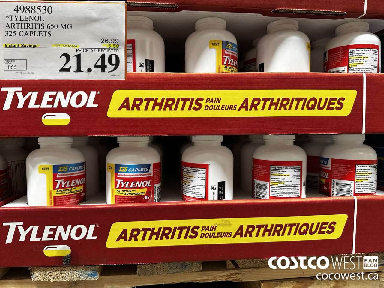 4988530 TYLENOL ARTHRITIS 650MG 325 CAPLETS ($5.50 INSTANT SAVINGS EXPIRES ON 2025-08-03) $21.49