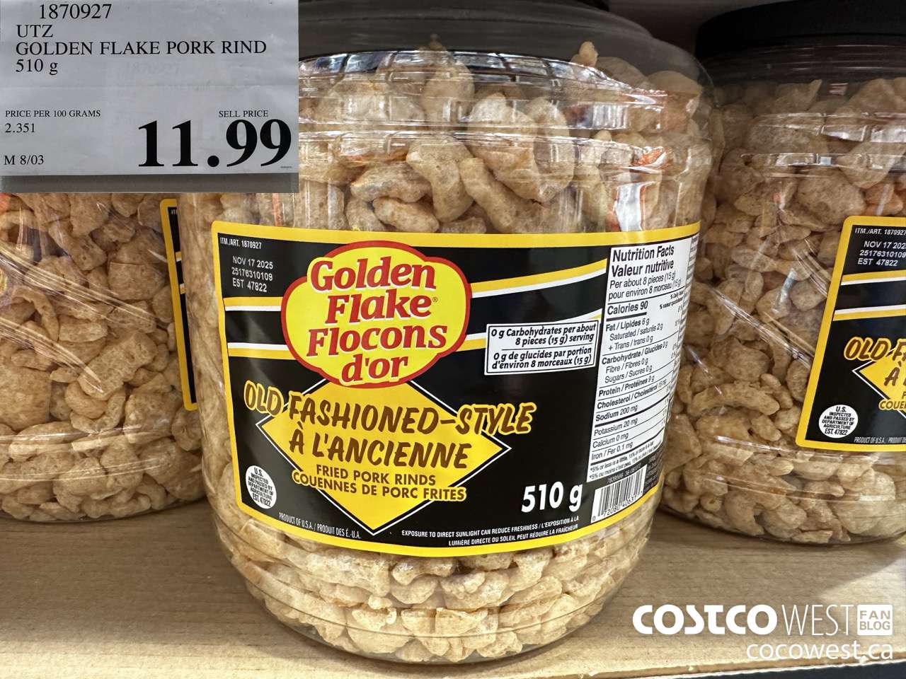 1870927 UTZ GOLDEN FLAKE PORK RIND 510G $11.99