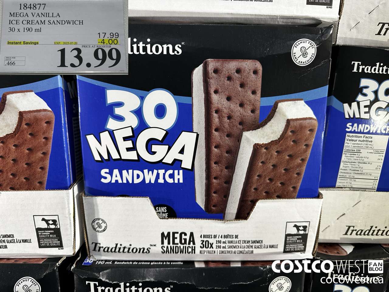 184877 VANILLA MEGA ICE CREAM SANDWICH 30 X 190 ML ($4.00 INSTANT SAVINGS EXPIRES ON 2025-07-20) $13.99