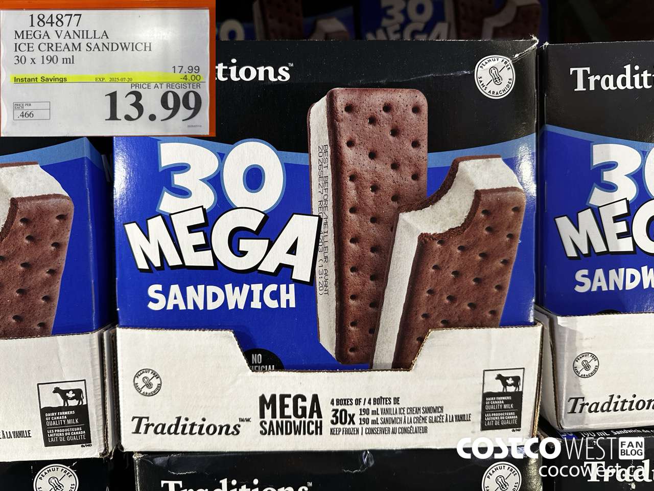 184877 VANILLA MEGA ICE CREAM SANDWICH 30 X 190 ML ($4.00 INSTANT SAVINGS EXPIRES ON 2025-07-20) $13.99